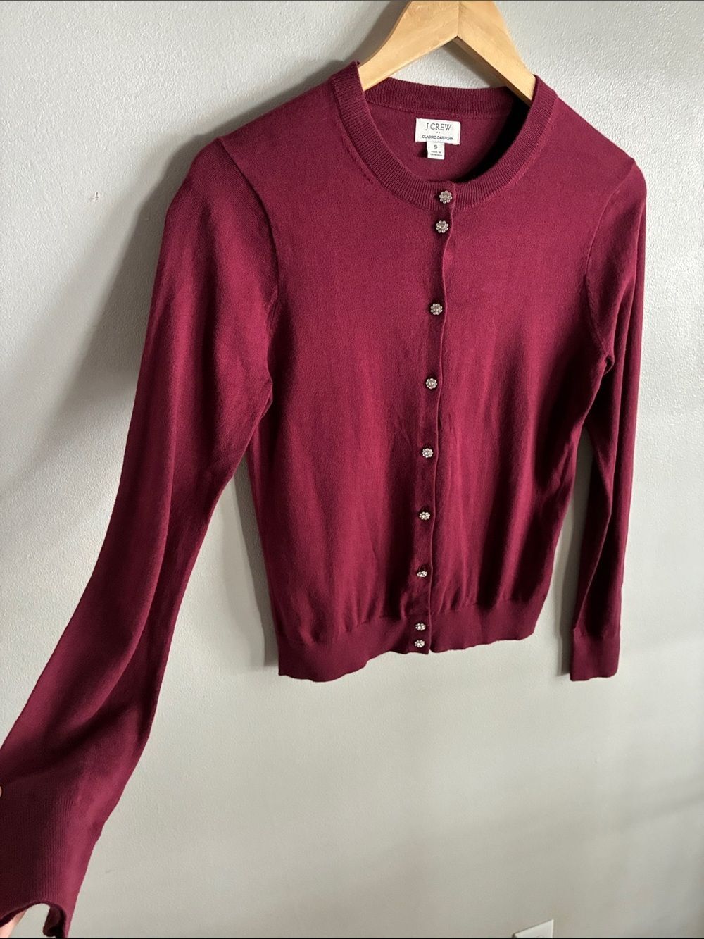 J.Crew Burgundy Jeweled Button Cardigan Rhinestone Preppy Sweater Small - Picture 3 of 7